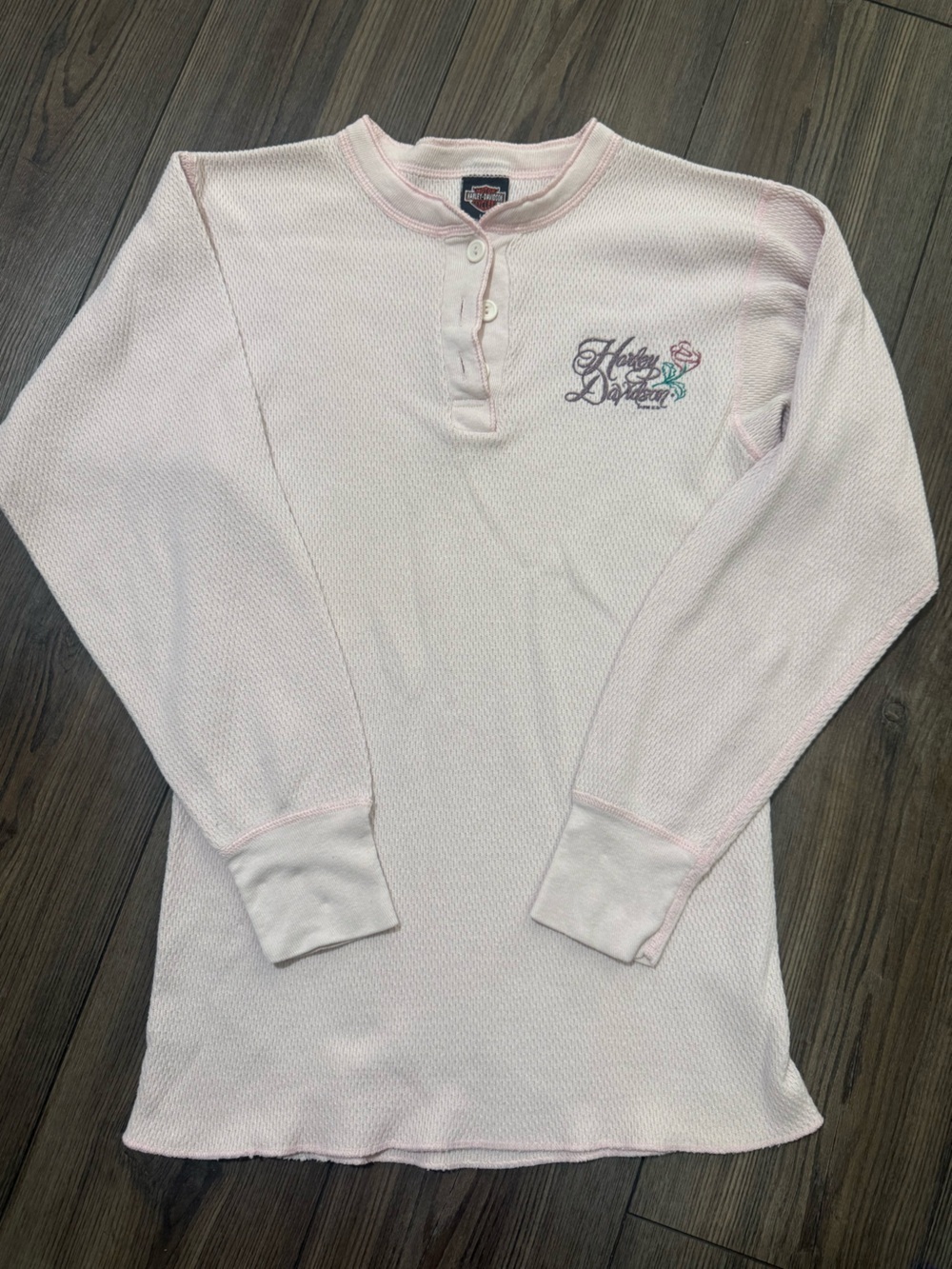 Vintage 90s Harley Davidson Pink Thermal Waffle Knit Top Made In USA Large RARE